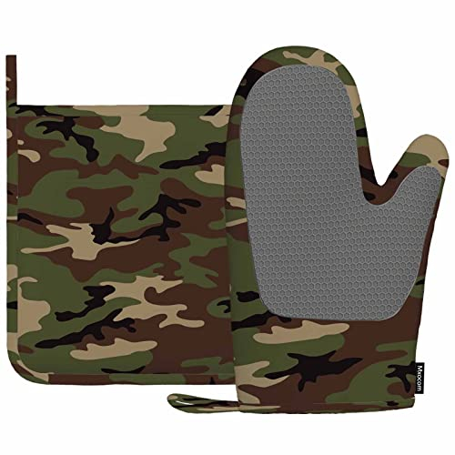 Mxocom Ofenhandschuh und Topflappen aus Silikon, mit Tarnmuster, hitzebeständig, für Kochen, Grillen, Frühling, Sommer