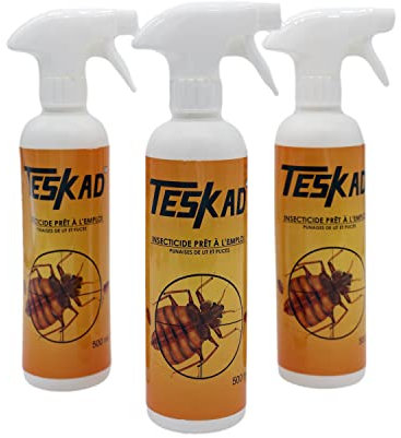 Teskad Spray Anti-Punaises de Lit 500 ml (3) – Insecticide Prêt à l'Emploi – Action Choc & Rémanente Jusqu'à 2 Mois – Sans Odeur – Idéal pour Matelas, Sommiers, Tapis & Textiles