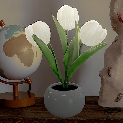 YATOSEEN Tulpe Lampe, Tischlampe Schreibtisch Lampe Blume Ornamente Led Simulation Tulpe Nachtlicht mit Keramik Vase, für Haus Wohnzimmer Desktop Dekor
