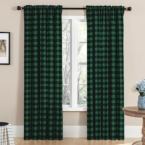 Melodieux Buffalo karierte Vorhänge für Wohnzimmer, Schlafzimmer, Bauernhaus, Gingham-Baumwolltextur, Stangentaschen-Vorhang, schwarz-grün, 132 x 213 cm (2 Stoffbahnen)