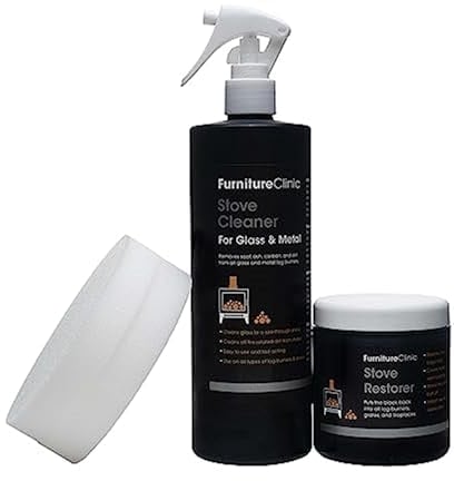 Furniture Clinic Kit de cuidado de estufas – Limpia y restaura quemadores, rejillas y chimeneas – Elimina el hollín y la suciedad – Limpiador de vidrio y metal para estufas y pulido de estufas