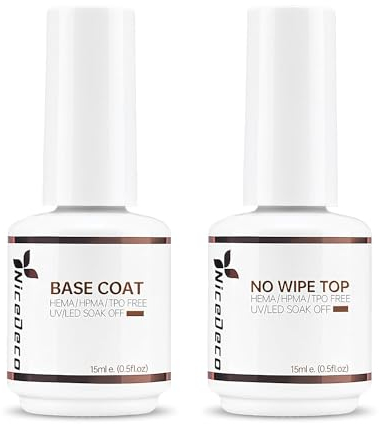 Nicedeco 15ML Vernis Semi Permanent Base et Top Coat, No Wipe Top et Base Vernis à Ongles Gel Polish Soak Off UV LED Brillant Longue Durée