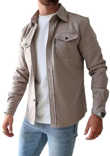 LXURY Veste chemise boutonnée pour hommes, manteau de travail en coton, surchemise boutonnée, coupe ajustée à manches longues pour hommes (Apricot,L)