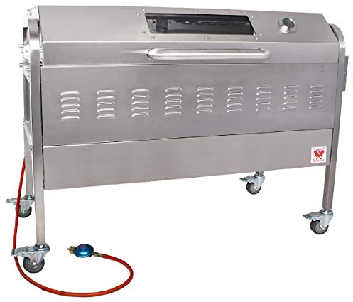 Beeketal 'BSG-120D' Edelstahl Spanferkelgrill Gasgrill mit Deckel, Elektromotor und Spieß (3-fach verstellbar) - Gasbrenner mit Piezozündung, Grillwagen mit bremsbaren 360° Rollen, Holzkohlewanne