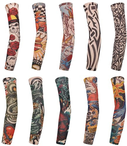 TRKETK 10 Stück Arm-Tattoo-Ärmel, Art Arm Fake Tattoo-Ärmel Cover Tattoos Sleeves Unisex 39CM Sonnenschutz-Ärmel Gefälschte temporäre Tattoo-Ärmel für Halloween Basketball Biker Party Sun Block