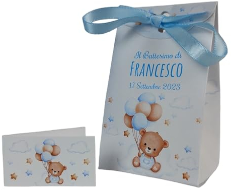 PV Grafik® Set da 16 Scatoline Portaconfetti Battesimo e Nascita Bimbo e Bambina | Bomboniera Personalizzata Porta Confetti | Bomboniere per Confettata Bambino e Bimba | Nastrino incluso (Nica 14)