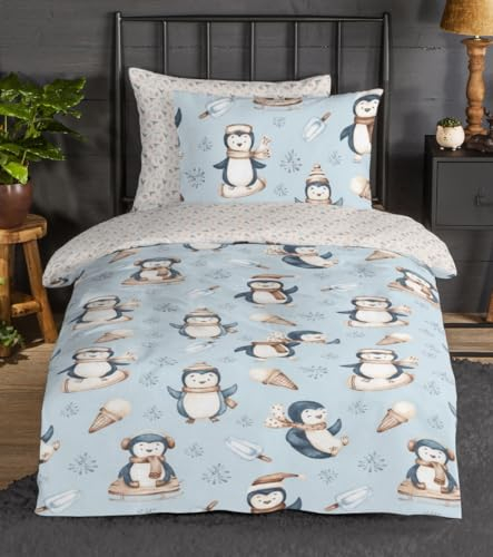 Good Morning Kinder-Wende-Bettwäsche Biber Jani Pinguin | natürlich 100% Reine Baumwolle flauschig weich & warm 135 cm x 200 cm weiß - blau
