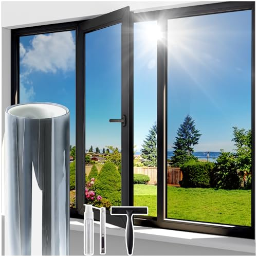 Windimiley Fensterfolie Sonnenschutz Spiegelfolie Fenster Sichtschutz, Blickdicht von Aussen Sonnenschutzfolie 60x200cm, Selbsthaftend UV-Schutz Hitzeschutz Wärmeschutzfolie für Büro Silber