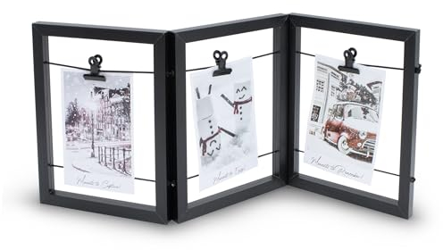 Spetebo Holz Bilderrahmen mit Gummileine für 3 Fotos - 54 x 23 cm - Fotohalter aufklappbar mit 3 Clips - Foto Collage Bildergalerie Rahmen faltbar für Bilder Postkarten