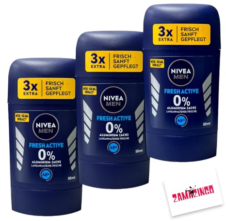 Nivea Men Fresh Active Deo Stick 0% Aluminium 48H 50ml | mit einzigartiger INFINIFRESH Formel & NIVEA MEN Pflege-Komplex, Deo ohne Aluminium mit Meeresextrakten für 48h Schutz inkl. Zama4Zingo Karte