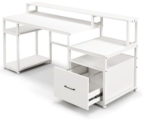 COSTWAY Scrivania per Computer da 168CM, Scrivania con Cassetto, Supporto per Monitor, Mobiletto per Stampante e Ripiani, Scrivania Moderna da Ufficio e Casa, 168 x 69 x 89 cm, Bianca