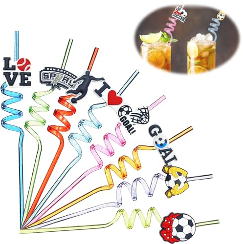Football Pailles Réutilisables en Plastique, 8Pcs Paille Plastique pour Enfant, Pailles Colorées en Spirale,Pailles en Plastique pour Fans de Football,Décoration de Pailles à Boire pour Football(B)