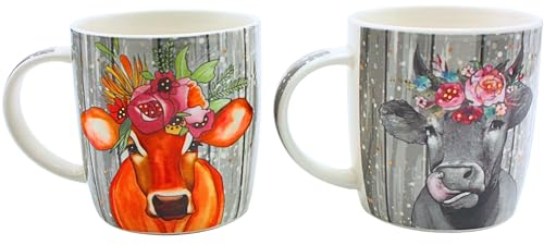 Dekohelden24 2er Set Kaffeebecher Kaffeetasse aus Porzellan - Motiv: Kuh mit Kopfschmuck - Größe H/Ø: 12 x 9 cm, Fassungsvermögen 300ml,