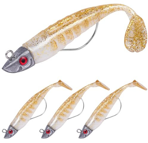 HOTUT 3D Eyes Soft Fishing Lures, 3 Pcs Pre-Rigged Lures, Sharp Single Hook Baits T Tail Artificial Baits for Sea Bass Pike Trout Perch