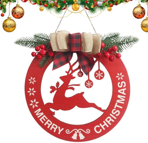 ycezw Cartel para puerta de Navidad, cartel para puerta de Feliz Navidad | Cartel para puerta de madera de Feliz Navidad Corona de ciervos - Decoraciones de Feliz Navidad para colgar, cartel de