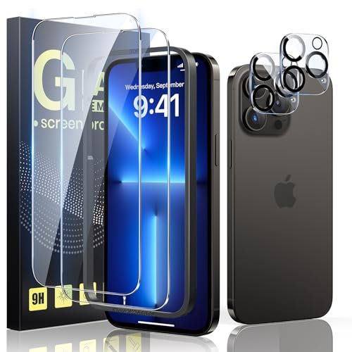 Guretok 2+2 für Panzerglas für iPhone 13 Pro mit Frame mit Kameraschutz 6,1, Militärnorm 9H Härte Schutzfolie HD Klar Panzerfolie für iPhone 13 Pro [Anti-Bläschen] [Kratzfest]