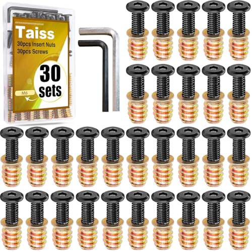 Taiss 30 ensembles de vis M6x25 meubles M6x15 inserts filetés en bois, écroulements, écroulements de tuiles en bois inserts boulons de fixation Connecteurs