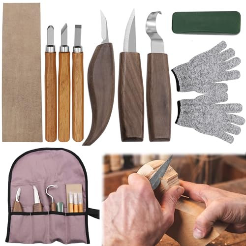SQAQS 10PCS Strumenti Per Intaglio Del Legno,Kit Intaglio Legno Professionale, Kit Intaglio Legno, include 6 Coltelli da Intaglio, Guanti Resistenti al Taglio, Accessori per lucidatura