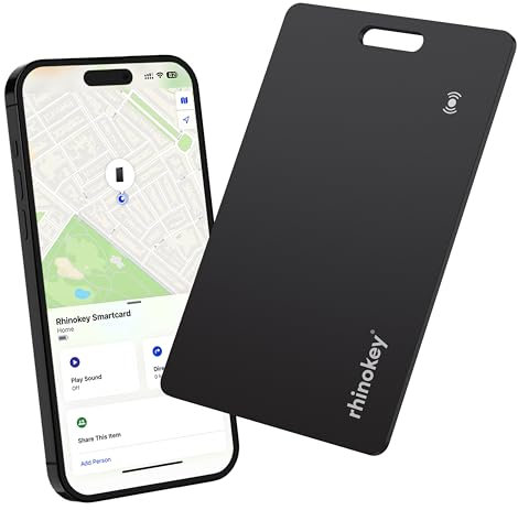 Rhinokey® Carte de suivi de portefeuille (iOS uniquement) – Slim rechargeable 1,8 mm d'épaisseur, Airtag Wallet étanche IP68, étiquettes Apple Find My Bagage, localisateur d'articles avec trou pour