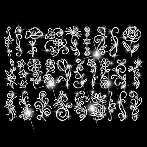 SUPERDANT 28PCS Flowers Iron on Rhinestones Transfer Bling Glass Swirl Vines Rhinestone Decals DIY Crystal Hotfix Transfer Stickers Crystal for T-Shirt Clothing Bags Hats Jeans Decor Gifts