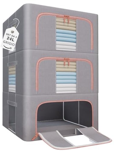 ZenCasa | 3 Scatole per Armadio Rigide con Cerniera da 24L, Set da 3 Contenitori per Armadio Salvaspazio, Organizer Armadio con Struttura in Metallo Pieghevole con Maniglie Rinforzate (24L, 3, unità)