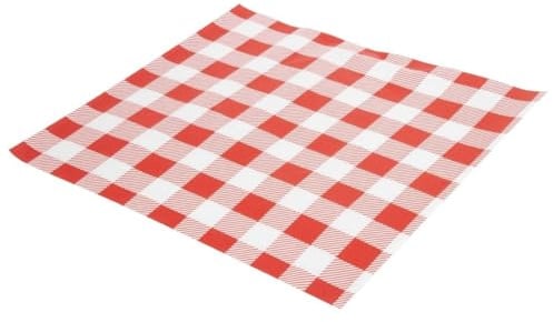 Fiesta Compostable Red Gingham Greaseproof Sheets, 380x310 mm, Pack 200 | Prevents oil seepage to keep hands clean while serving food safely in fast-paced commercial catering environments.