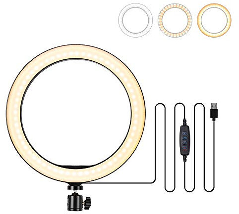 Anneau lumineux LED de 25,9 cm avec 120 LED, 3 modes d'éclairage, 10 niveaux de luminosité, alimenté par USB, tête rotative à 360 degrés, support de téléphone pliable, support de téléphone latéral