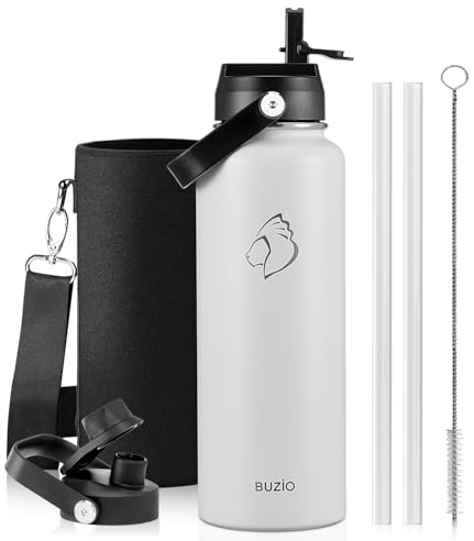 BUZIO Insulated Water Bottle 1.2L Stainless Steel with Straw & Spout Lid