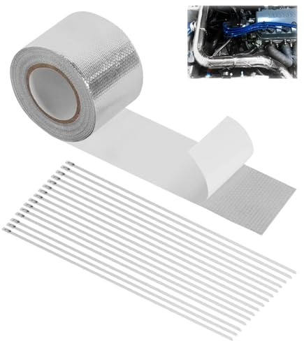 TAKONE Hitzeschutzband Auspuff 5cm x 10m mit 15 Kabelbindern | Selbstklebend, bis 800 °C, Aluminiumfolie, inkl. 15 Edelstahl-Kabelbinder