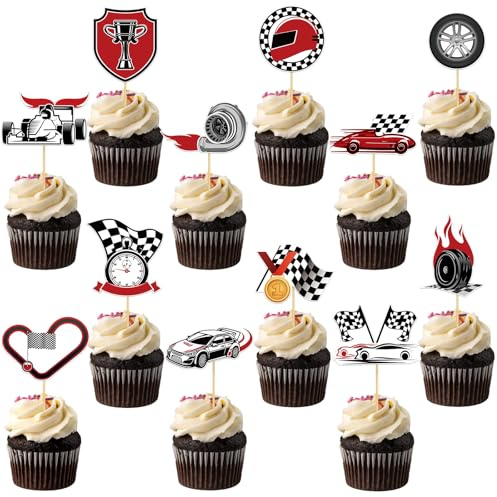 Adecortalk 48 Pcs Racing Car Cake Topper Wheels Checkered Flags Race Tracks Cake Picks Racing Car Birthday Cake Decorations for Kids Baby Shower Birthday Party Supplies Race Game Party Favor