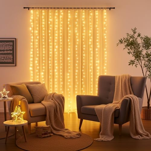 ideoon Eleganter LED-Lichtervorhang mit Fernbedienung, warmweiss, 200 LEDs, 3x3m: Gemütliche Beleuchtung & Romantische Deko für Schlafzimmer & Wohnzimmer