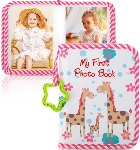 Harupink Baby Fotoalbum 17 16,5×11,5 cm, Baby-fotoalbum Stoff mit Beißring Sicherheitsspiegel und Haken, Babyalbum zum Gesichter Namen merken für Neugeborene Kleinkinder Kinder (Giraffe)