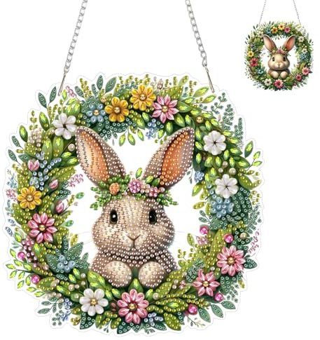 EOBROMD Ostern Kaninchen Diamond Painting Anhänger mit Kette, Osterkranz DIY Hanging Diamond Art Ornament Kit, Crystal Gem Craft Rhinestone Painting Pendant Kit für Home Garden Wall Hanging Ornament
