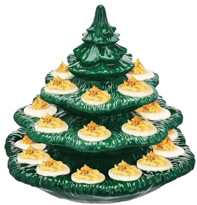 Buhdjfnke Huevos rellenos en forma de árbol, placa de huevos de cerámica para árbol de Navidad, bandeja ovalada reutilizable para huevos con tapa, soporte para huevos verde en forma de planta de