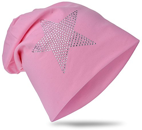 Miobo Kinder Slouch Beanie Mütze,Baumwolle,Strass Stern Rosa 48