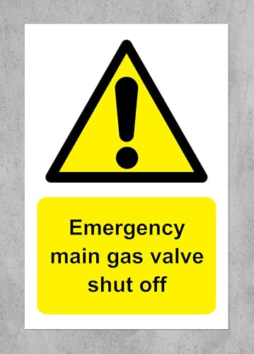 EMERGENCY MAIN GAS VALVE SHUT OFF SIGN - 1.2mm rigid plastic 300mm x 200mm