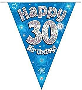 Party Bunting Happy 30th Birthday Blue Holographic 11 flags 3.9m