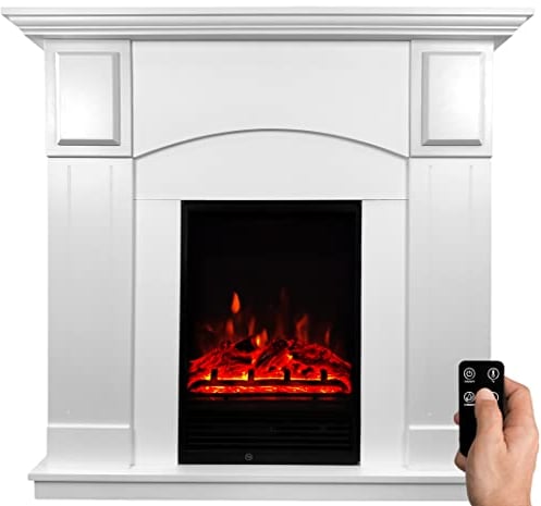 Premium Elektrokamin mit LED Flammensimulation Elektrischer Kamin Heizung Kaminofen Heizlüfter Glasfront Kaminumrandung MDF Weiß Max.1800 Watt - 109 x 102,2 x 35 cm