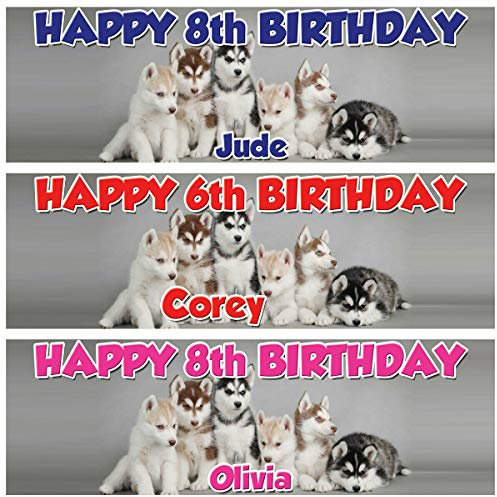 2 carteles de cumpleaños personalizables con foto de perros cachorros y niños Small rosa