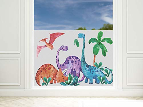 Sichtschutzfolie Kinderzimmer Junge Dinos, Fensterfolie Blickdicht, Milchglasfolie (Dinosaurier Welt, 90x57cm)