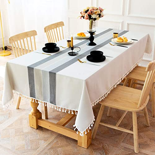INKAROBOX Fleckabweisende Tischdecke rechteckig Baumwolle Leinen Bestickt Nappaleder Tischdecken für Küche Restaurant, (graue Streifen, 140 x 220 cm)