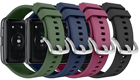 MoKo Lot de 4 Bracelets Compatible avec Huawei Watch Fit Active/Elegant, Bracelet de Montre de Sport Remplacement en Silicone, Vin Rouge/Bleu Nuit/Vert Foncé/Graphite Noir
