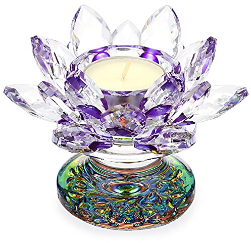 SUMTree Photophore en forme de lotus en cristal pour décoration de maison, bureau, centre de table de mariage Violet