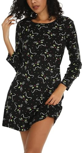 ENJOYNIGHT - Chemise de nuit - Vêtement de nuit - À manches longues - En coton - Imprimé - Pour femmes