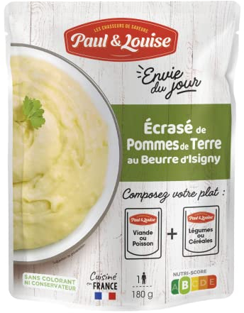 Paul & Louise Envie Du Jour - Ecrasé de pommes de terre au beurre d'Isigny 180g - Sachet micro ondable - Prêt en 2 min - À combiner avec nos sachets de viande ou de poisson