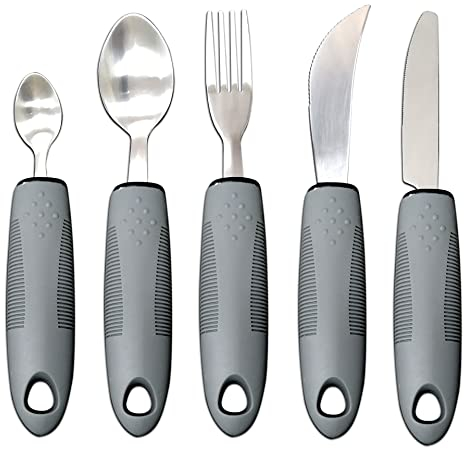 Extra Wide Handles Easy Grip Cutlery Set, Chunky Handles, Grips Disability Ideal Dining aid for Elderly Disabled Arthritis Parkinson's Disease Tremors Sufferers (5PCS Gray)