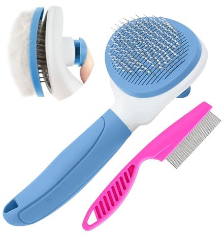 Cat Brush for Shedding and Grooming, Pet Self Cleaning Slicker Brush with Cat Hair Comb by KALAMANDA (Blue)