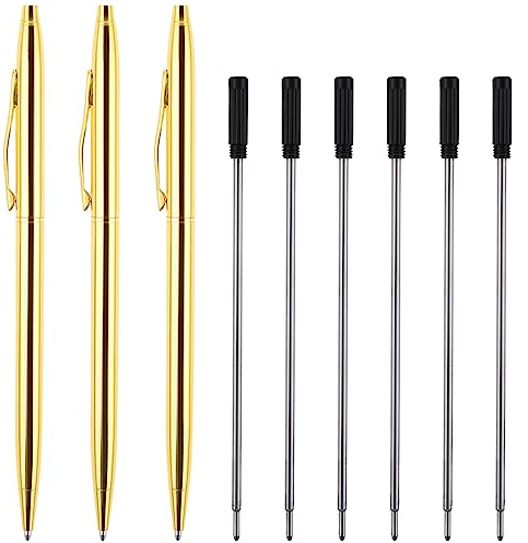 TIESOME Kugelschreiber, 3er Pack Slim Metallic Druckkugelschreiber mit 6 Extra-Minen, schwarze Tinte Kugelschreiber 0,5 mm Business Büro Studenten Lehrer Hochzeit Weihnachten (Gold)