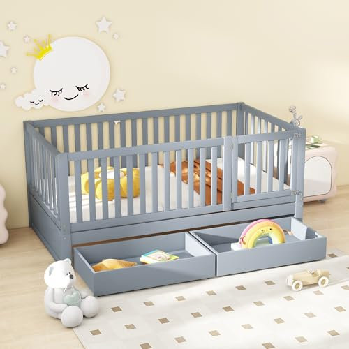 FEZTOY Bodenbett Kinderbett 90x200cm, Babybett Gitterbett mit Zaun und Tür, Rausfallschutz abnehmbar, Umbaubar, 2 Schubladen, Holzbett mit Lattenrost, ohne Matratze, Grau