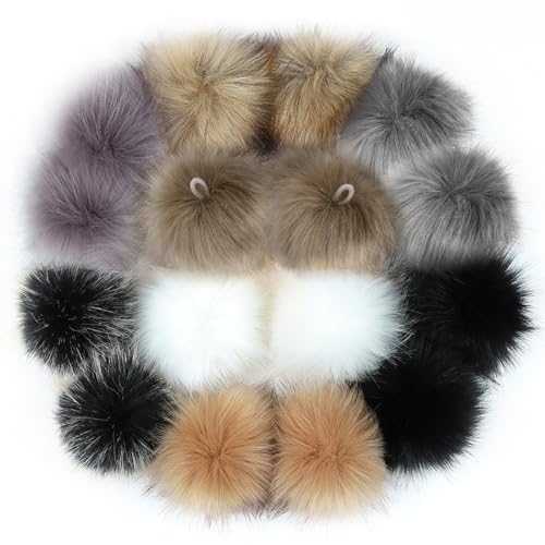 YHNMMNO 16 Stück Kunstfell Pompon, 10cm Fellbommel Faux, Fuchspelz Flauschigen Pompom Ball für Mützen für DIY Hüte, Taschen, Schals, Schuhe, Schlüsselanhänger, Autoanhänger Basteln